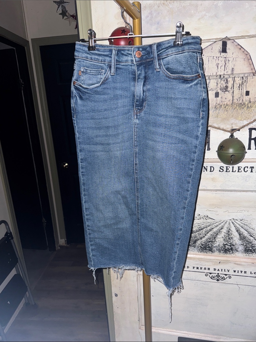 Judy Blue Light Blue Straight-Leg Midi Denim Skirt with Raw Hem